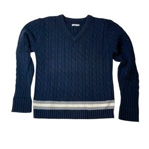 Steven Alan 100% Wool Dark Blue V-Neck Cable Knit Sweater - White & Gray Stripe